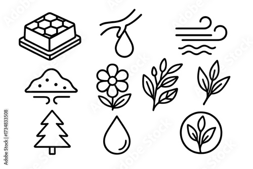 Natural Perfume Icons. Line style icons of natural perfume elements: beeswax block, tree sap, sea breeze icon, earth tone icon,