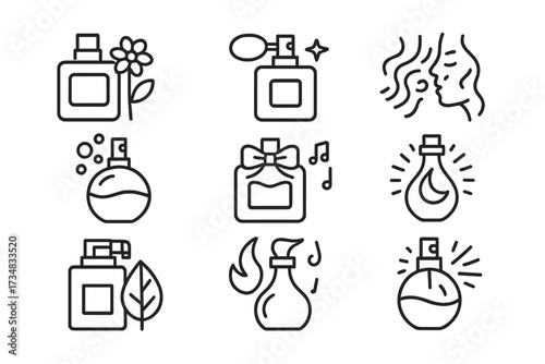 Perfume Personality Icons. Line style icons of perfume personality types: elegant scent, bold fragrance, soft whisper, playful