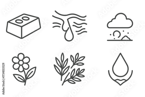 Natural Perfume Icons. Line style icons of natural perfume elements: beeswax block, tree sap, sea breeze icon, earth tone icon,