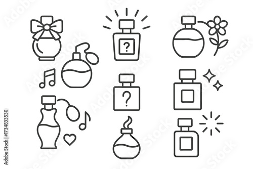 Perfume Personality Icons. Line style icons of perfume personality types: elegant scent, bold fragrance, soft whisper, playful