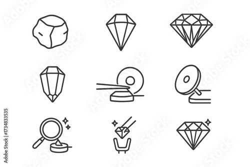 Gem Cutting Process Icons. Line style icons of gem cutting stages: rough stone, gem outline sketch, faceting diagram, preform cut,