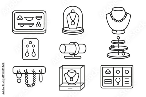 Jewelry Display Line Icons. Line style icons of jewelry display ideas: velvet tray, glass dome, necklace stand, earring card,