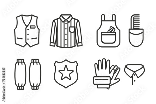 Barber Gear Icons. Line style icons of barber uniforms and gear: barber vest, pinstripe shirt, utility apron, comb pocket, sleeve