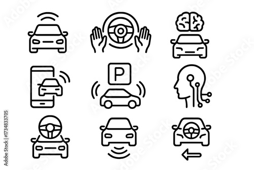 Autonomous Driving Icons. Line style icons of autonomous driving modes: auto cruise, hands-free mode, full autonomy icon, remote