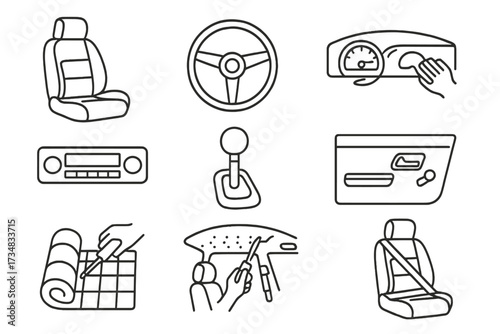Interior Restoration Icons. Line style icons of interior restoration: leather seat, classic steering wheel, dashboard refurbish,