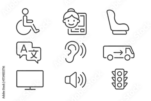 AV Inclusive Icons. Line style icons of AV inclusive design: wheelchair access, senior-friendly UI, child safety seat,