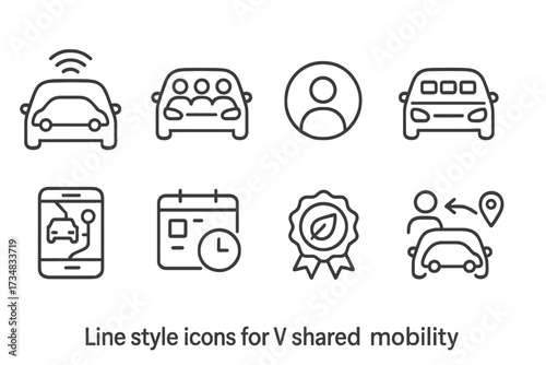 Line Style Mobility Icons. Line style icons of AV shared mobility: ride-sharing icon, pooled trip, passenger avatar, car occupancy