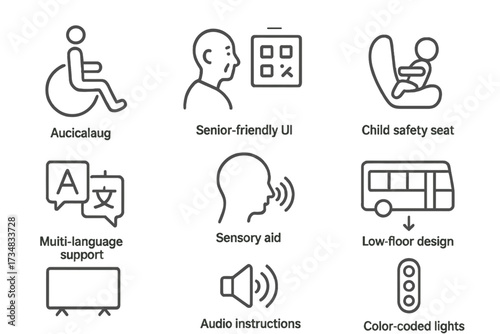 AV Inclusive Icons. Line style icons of AV inclusive design: wheelchair access, senior-friendly UI, child safety seat,