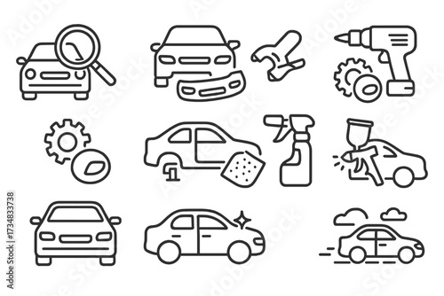 Car Restoration Steps Icons. Line style icons of restoration steps: inspection phase, disassembly, repair stage, parts sourcing,