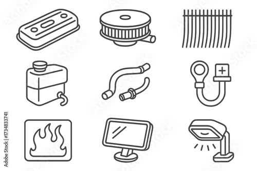 Engine Bay Icons. Line style icons of engine bay detailing: polished valve cover, chrome air filter, wire loom, coolant reservoir,