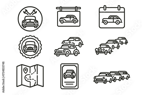 Vintage Car Club Icons. Line style icons of vintage car clubs and events: club logo, cruise night sign, meet-up calendar, event