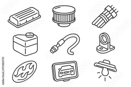 Engine Bay Icons. Line style icons of engine bay detailing: polished valve cover, chrome air filter, wire loom, coolant reservoir,