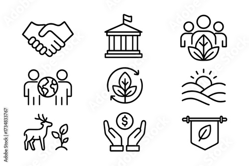 Environmental Partnership Icons. Line style icons of environmental partnerships: NGO handshake, local authority icon, conservation