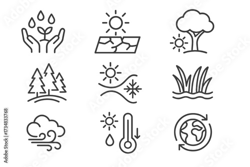 Climate Icons. Line style icons of climate and weather relevance: rainfall support, drought resilience, shade canopy, cool forest