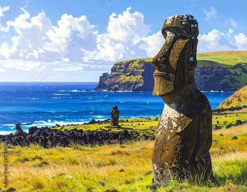 Fototapeta Naklejka Na Ścianę i Meble -  Easter Island Moai Statues and Coastal Landscape Under a Bright Blue Sky