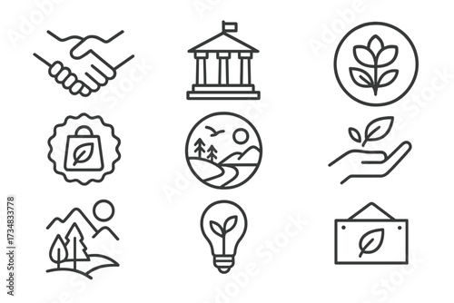 Environmental Partnership Icons. Line style icons of environmental partnerships: NGO handshake, local authority icon, conservation