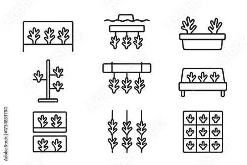 Coral Nursery Icons. Line style icons of coral nursery systems: in-situ frame, floating nursery, land-based tanks, tree-style