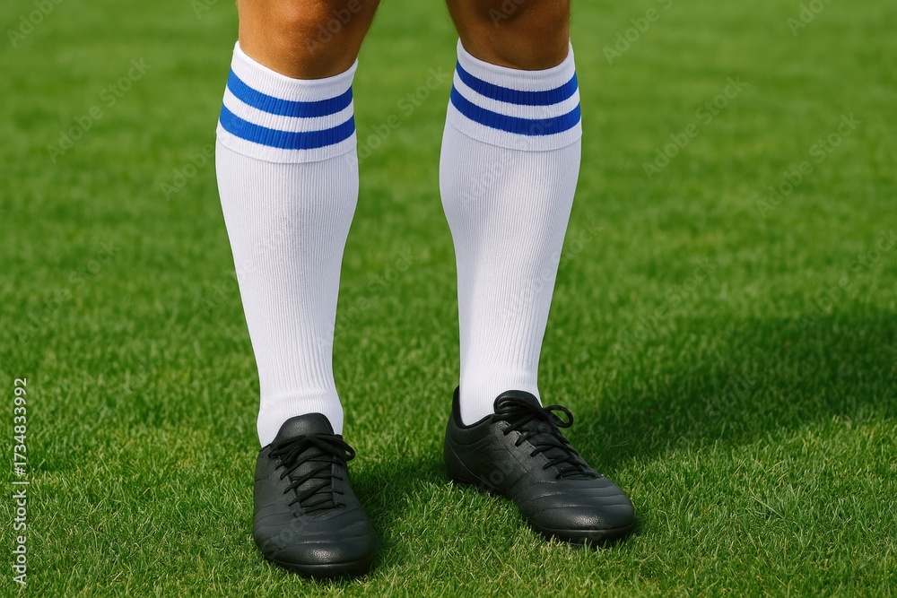 Fototapeta premium Soccer player wearing black cleats and white socks on green grass 