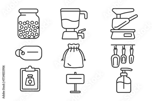Refill Store Icons. Line style icons of bulk and refill store items: glass jar with grains, refill station pump, scoop scale,