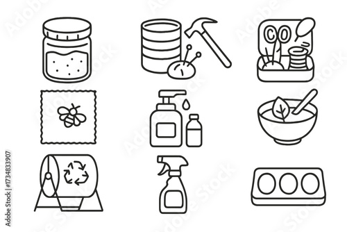 Zero-Waste DIY Icons. Line style icons of DIY zero-waste projects: homemade scrub jar, upcycled container, sewing kit, beeswax