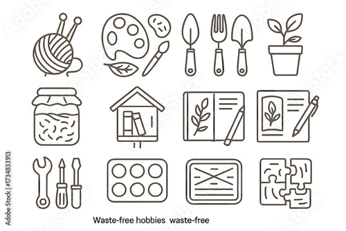 Waste-Free Hobbies Icons. Line style icons of waste-free hobbies: knitting tools, painting with natural pigments, gardening set,