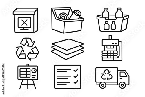 Recycling Center Icons. Line style icons of recycling center features: e-waste bin, scrap metal drop-off, plastic sorter,