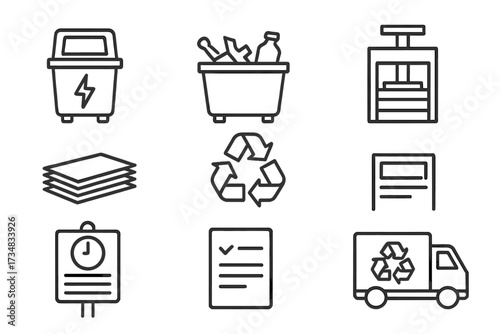 Recycling Center Icons. Line style icons of recycling center features: e-waste bin, scrap metal drop-off, plastic sorter,