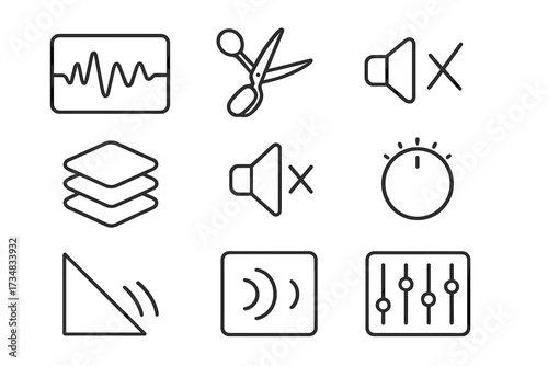 Sound Editing Icons. Line style icons of sound editing tools: waveform display, audio scissors, noise reduction icon, track layers