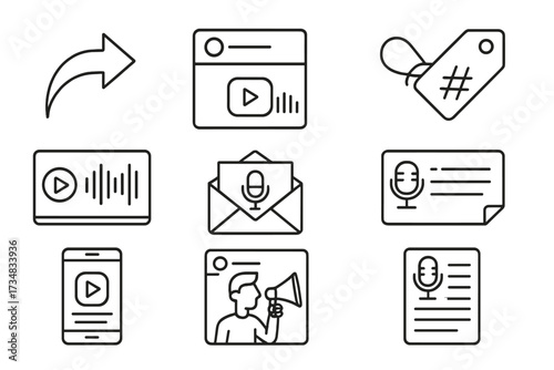 Podcast Promotion Icons. Line style icons of podcast promotion: share icon, social post, hashtag tag, audiogram, email campaign,