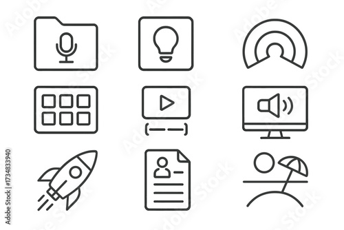Podcast Planning Icons. Line style icons of podcast season planning: season folder, theme card, arc chart, episode grid,