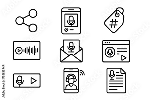 Podcast Promotion Icons. Line style icons of podcast promotion: share icon, social post, hashtag tag, audiogram, email campaign,