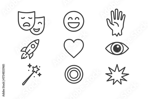 Indie Film Icons. Line style icons of indie film genres: drama mask, comedy face, horror hand, sci-fi spaceship, romance heart,