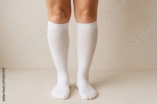 Person wearing white compression socks standing on beige background  