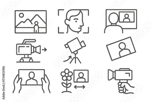 Indie Cinematography Icons. Line style icons of indie cinematography shots: wide shot, close-up, over-the-shoulder, tracking shot,