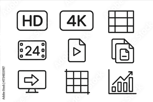 Filmmaking Format Icons. Line style icons of digital filmmaking formats: HD icon, 4K label, aspect ratio, frame rate, codec type,
