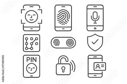 Mobile Biometric Icons. Line style icons of mobile biometric authentication: face unlock, fingerprint unlock, voice assistant