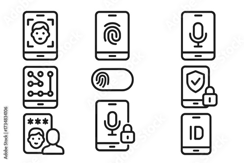 Mobile Biometric Icons. Line style icons of mobile biometric authentication: face unlock, fingerprint unlock, voice assistant