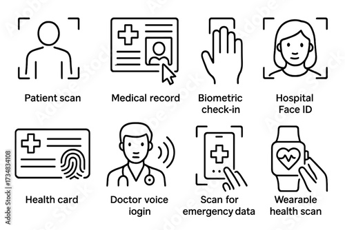 Biometric Healthcare Icons. Line style icons of biometric healthcare systems: patient scan, medical record access, biometric check