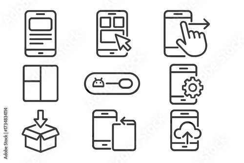 Mobile Development Icons. Line style icons of mobile low-code development: phone preview, mobile layout editor, swipe input,