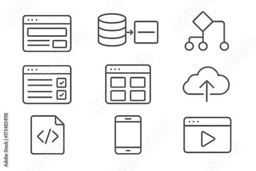 Low-Code Platform Icons. Line style icons of low-code platform tools: page builder, database connector, logic editor, form