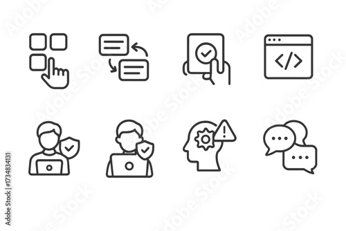 Citizen Developer Icons. Line style icons of citizen developer tasks: drag widget, connect field, assign rule, publish app, review