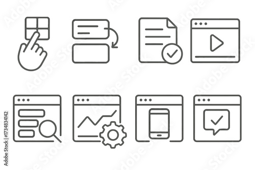 Citizen Developer Icons. Line style icons of citizen developer tasks: drag widget, connect field, assign rule, publish app, review