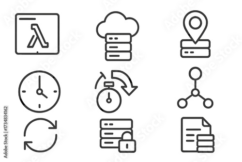 Serverless Edge Icons. Line style icons of serverless edge computing: edge function, CDN edge, edge location pin, real-time edge