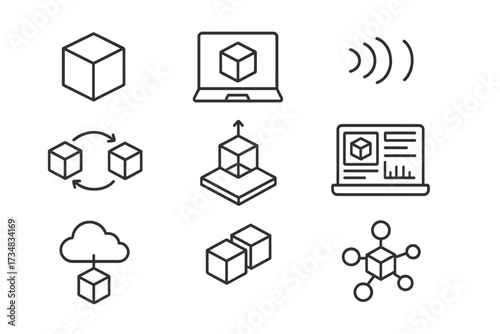 Digital Twin Essentials. Line style icons of digital twin technology essentials: physical object icon, digital model, sensor data