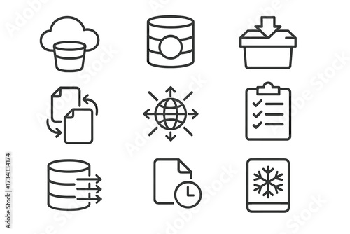 Serverless Storage Icons. Line style icons of serverless storage options: cloud bucket, object storage icon, archive symbol,