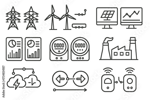 Energy Utility Icons. Line style icons of energy and utility twins: power grid twin, wind turbine data, solar panel monitor,
