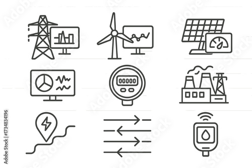 Energy Utility Icons. Line style icons of energy and utility twins: power grid twin, wind turbine data, solar panel monitor,