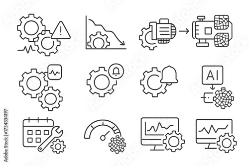 Predictive Maintenance Icons. Line style icons of predictive maintenance with digital twins: early failure warning, performance