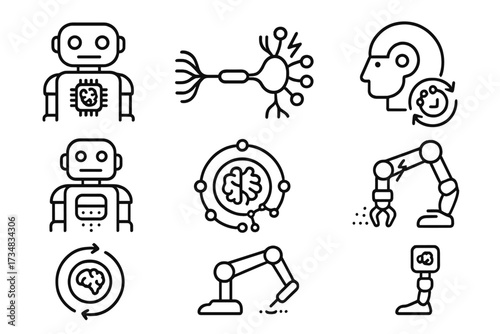 Neural Robotics Icons. Line style icons of neuromorphic robotics: robot with brain chip, motor neuron output, real-time sensor