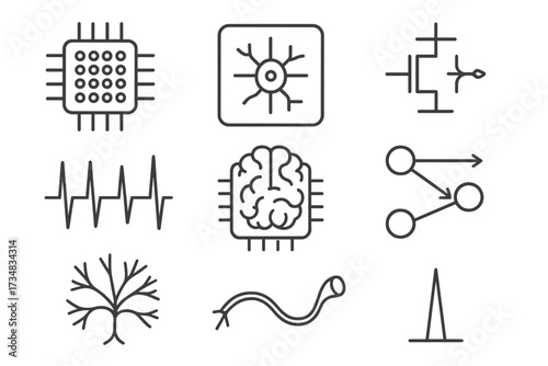 Neuromorphic Chip Essentials. Line style icons of neuromorphic chip essentials: neuromorphic processor, silicon neuron, synapse